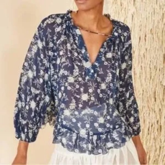 Ulla Johnson Rosine 100% Silk Sheer Blouse Top In Azure Blue size 0 - Picture 1 of 15